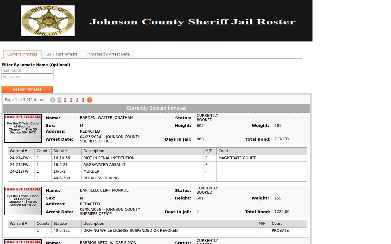 Johnson County warrant lookup custody roster fields