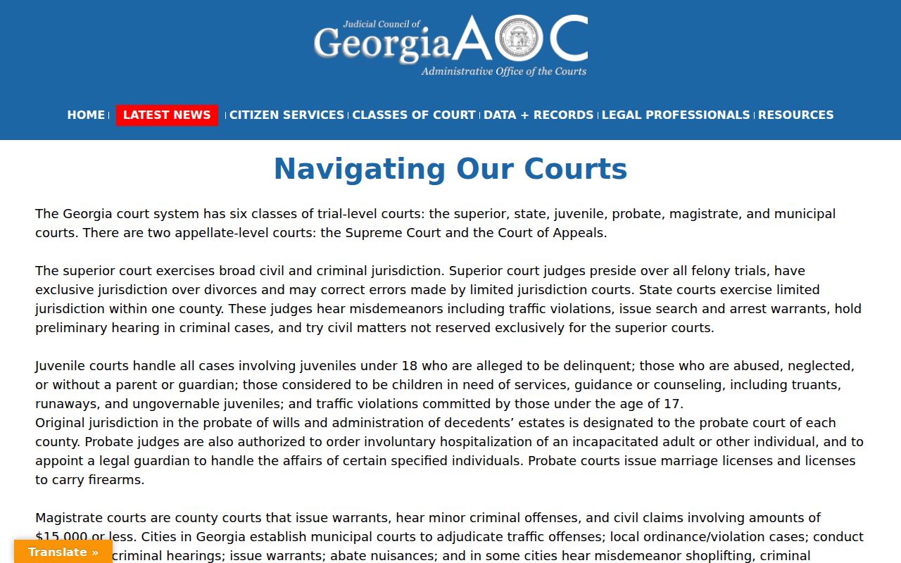 Georgia Courts chart showing six trial-level court classes and their distinct roles