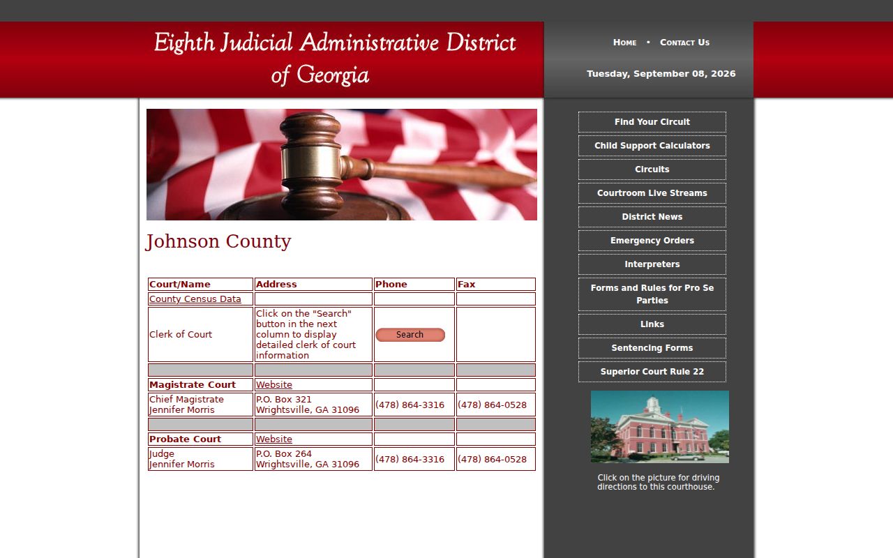 Official Eighth Judicial District contact rows for Johnson County Magistrate and Probate Court
