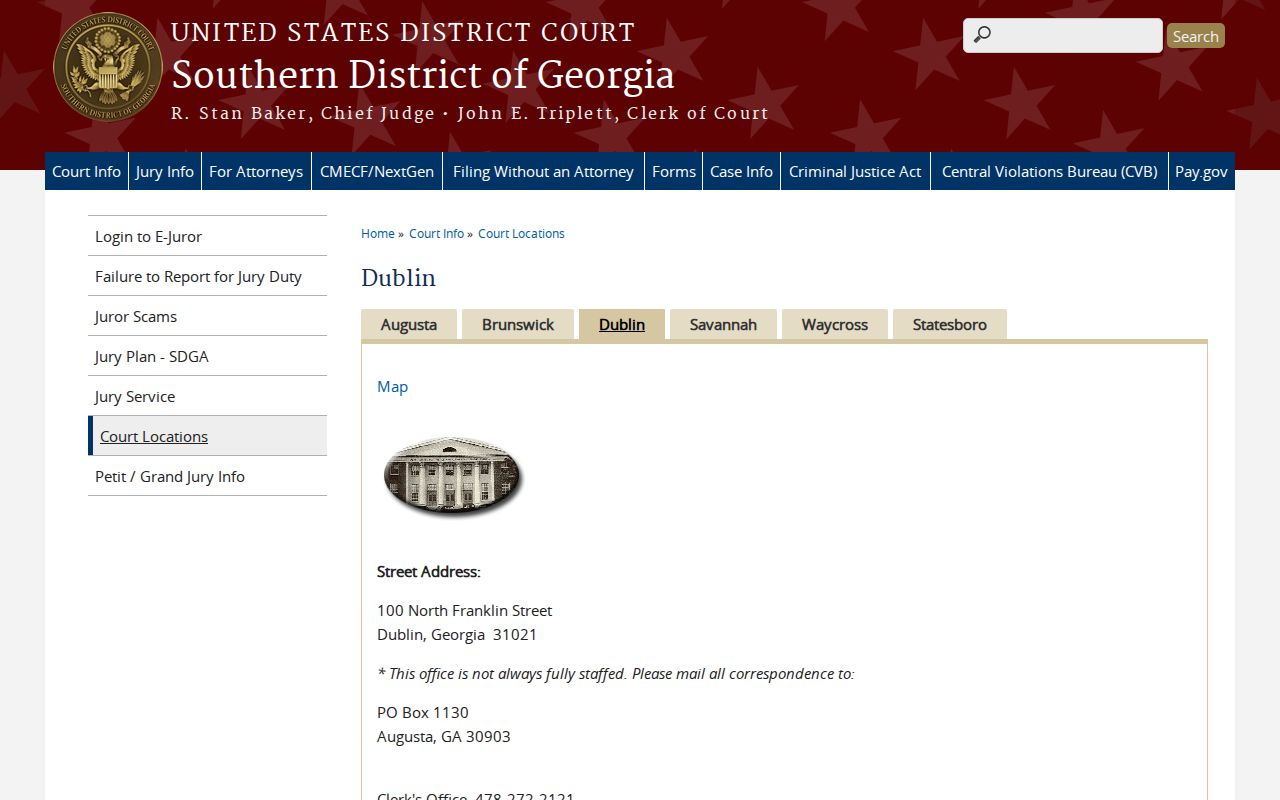 Southern District of Georgia Dublin Division address and Clerk's Office contact